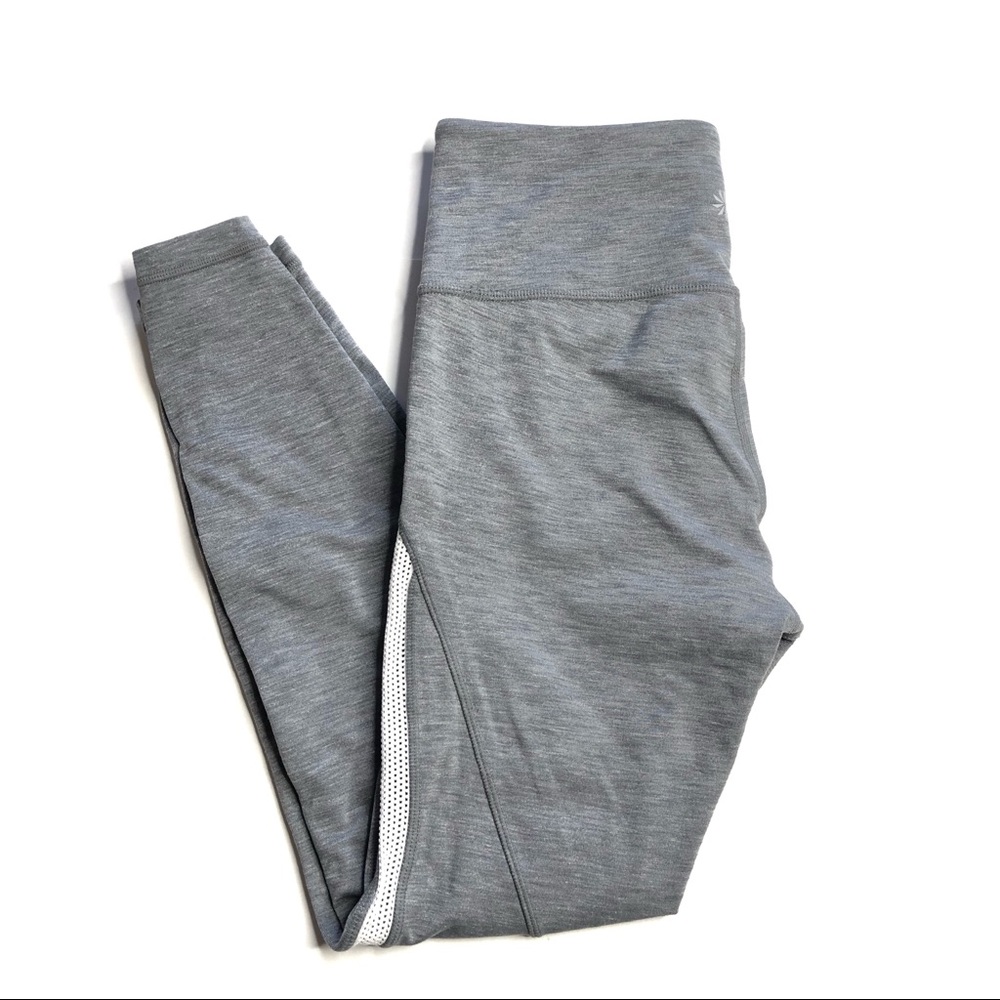 Athleta Chaturanga Leggings Hi Rise Grey White Mesh Side Stripe